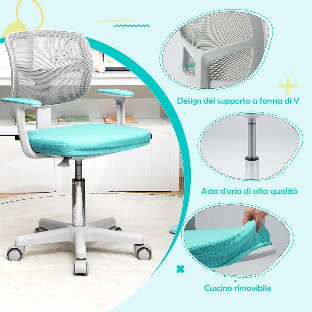 Sedia per Scrivania per Bambini, Sedia per Computer con Altezza Regolabile, Ruote, Sedile Girevole a Rete, Mobile Ergonomica per Bambini 3-10 Anni (Menta verde)