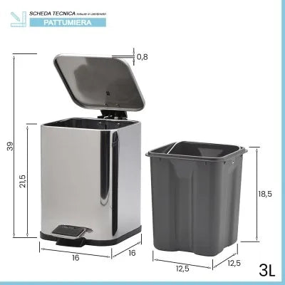 Cestino bagno cromato 3lt apertura a pedale e secchio removibile
