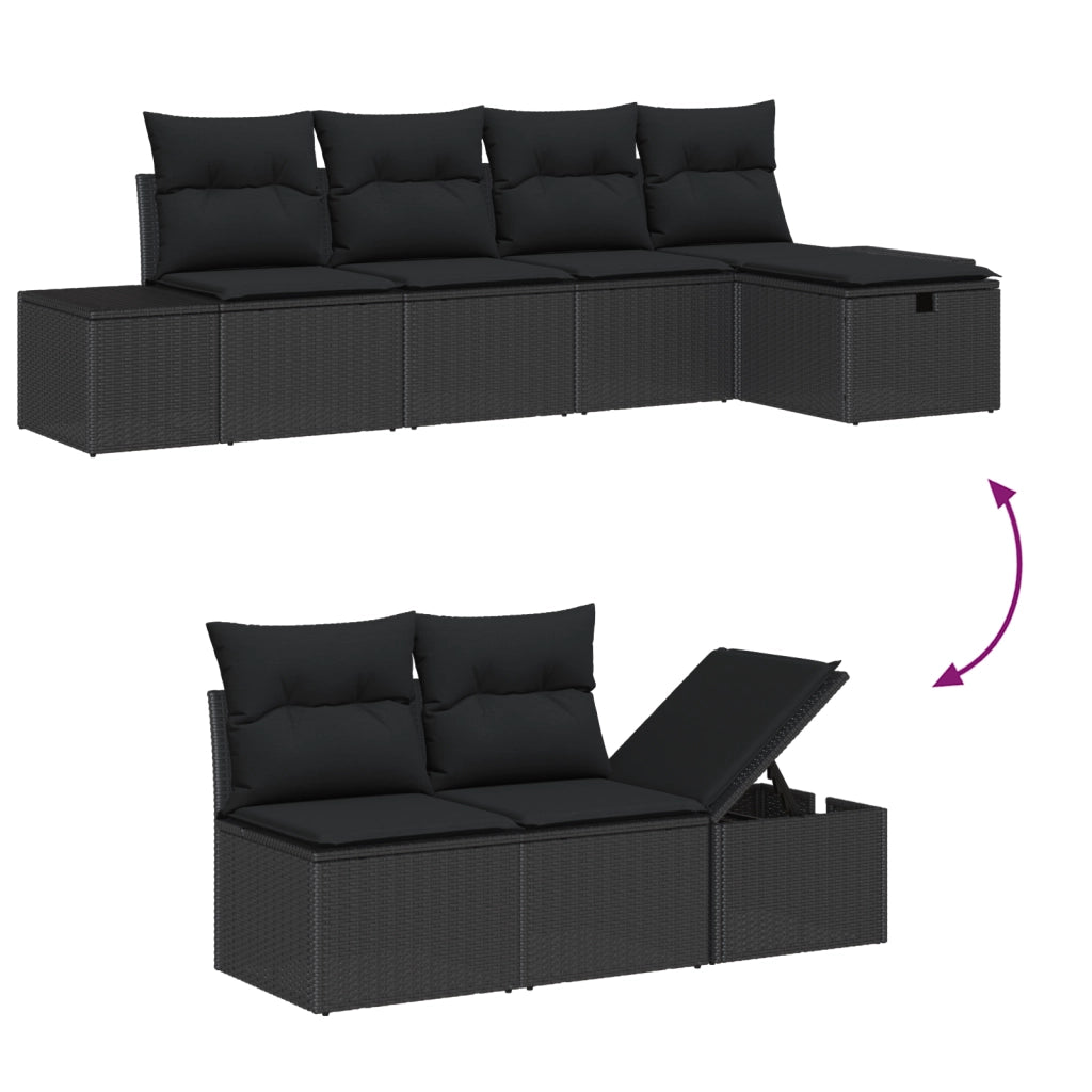 Set Divano da Giardino 6 Pezzi con Cuscini Nero Polyrattan