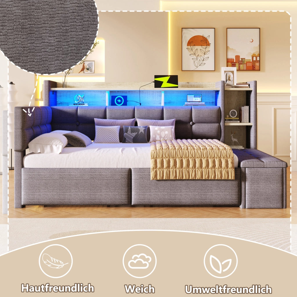 OKWISH Letto a Divano 90×190 cm, Letto Singolo con 2 Cassetti, USB, Tipo C, Mensola e LED Regolabile, senza Materasso, Velluto, Grigio Scuro
