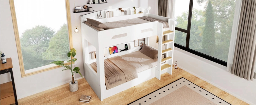 Letto a castello 90 × 200 cm con presa USB e ripiani laterali in legno e MDF per cameretta