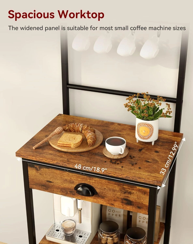 Scaffale da Cucina, Porta-caffè in legno a 5 livelli, Scaffale per macchina del caffè, Organizzatore di 12 ganci, Cassetti in tessuto, 33 x 43 x 134,5 cm, per Soggiorno, Ufficio, Marrone HBR009H