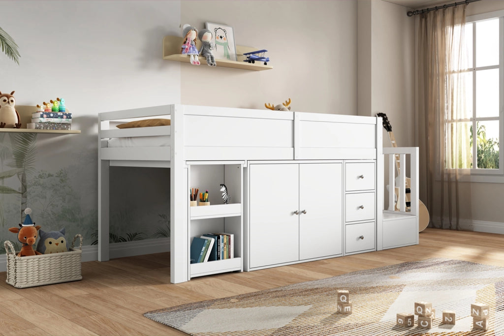 Letto a soppalco per bambini 90x200 cm con scrivania estraibile, armadio, cassetto e scala, MDF, bianco