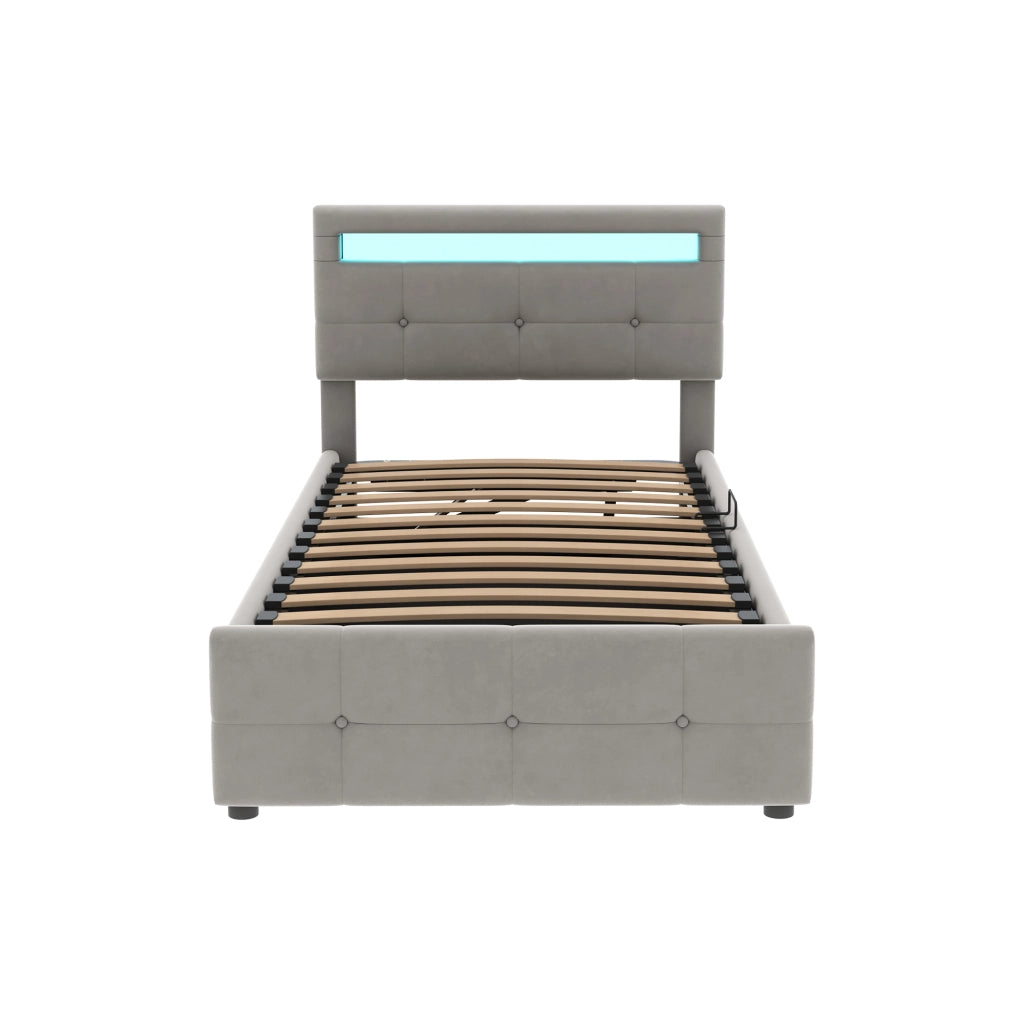 OKWISH Letto contenitore per bambini 90×200 cm, Letto Singolo con LED, Contenitore idraulico e Testiera Regolabile, senza Materasso, Grigio