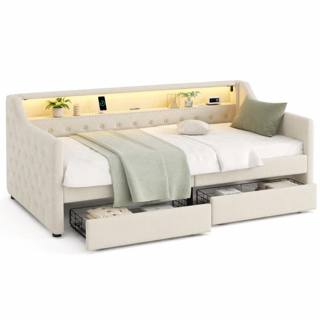 Daybed 90x200 cm con rete a doghe, 2 cassetti, luce LED ambientale e porta USB, struttura in lino e MDF, Beige