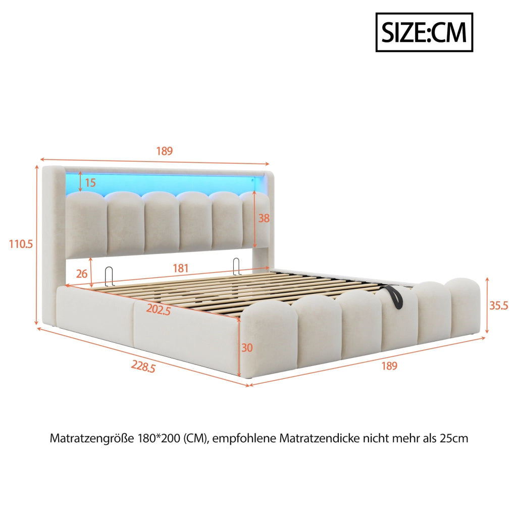 Letto matrimoniale imbottito 180x200 cm in velluto beige con LED; USB e contenitore idraulico