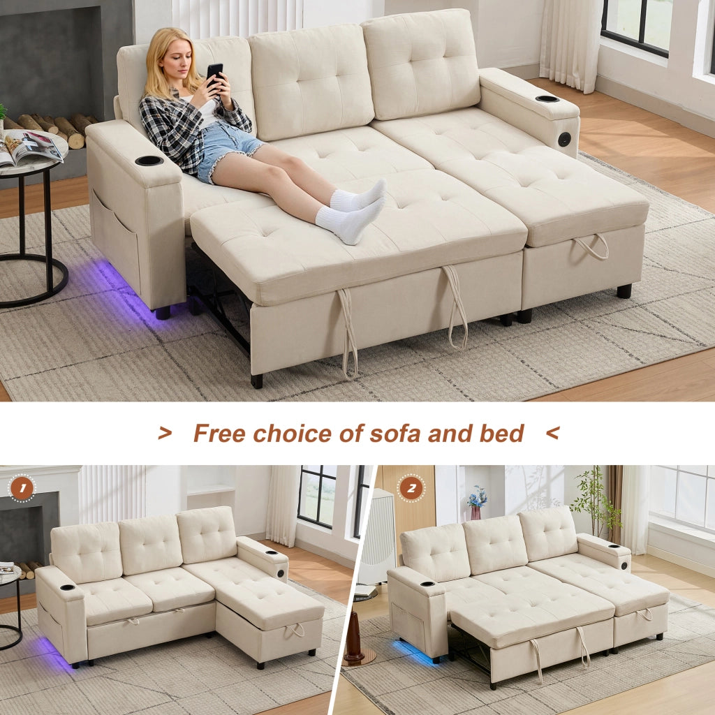 Divano Letto con Contenitore, LED, USB-C, Portabicchieri e Tasche, in Tessuto, Beige