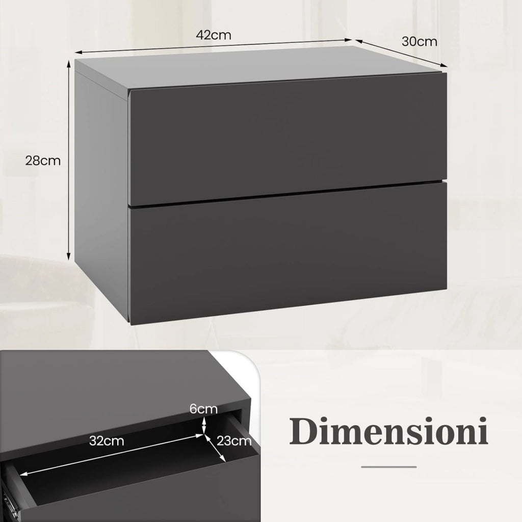 Comodino Camera da Letto Sospeso, Comodino in Legno con 2 Cassetti Salvaspazio, Comodino per Cameretta Moderno da Parete, per Soggiorno, 42 x 30 x 28 cm (Grigio)