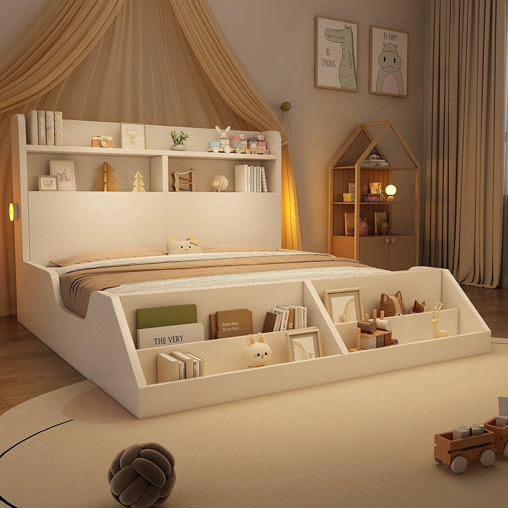 Letto legno-Xylo-140x200cm ripiani luci biblioteca bianco senza materasso