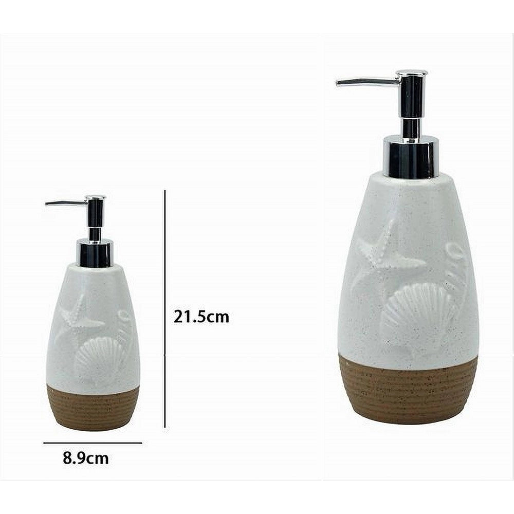 Trade Shop - Dispenser Per Sapone Liquido Bianco Decoro Marino Base Rigata Marrone Bagno 79268 -