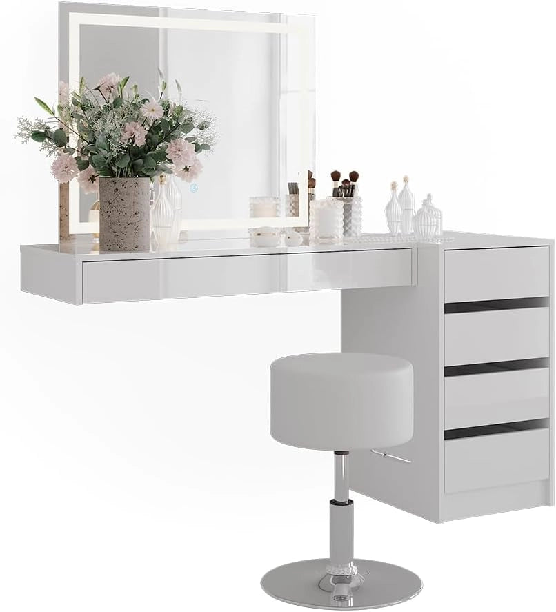 Tavolo da toeletta Sherry, Bianco, 100 cm 4 parti, con illuminazione LED e seduta imbottita per il montaggio