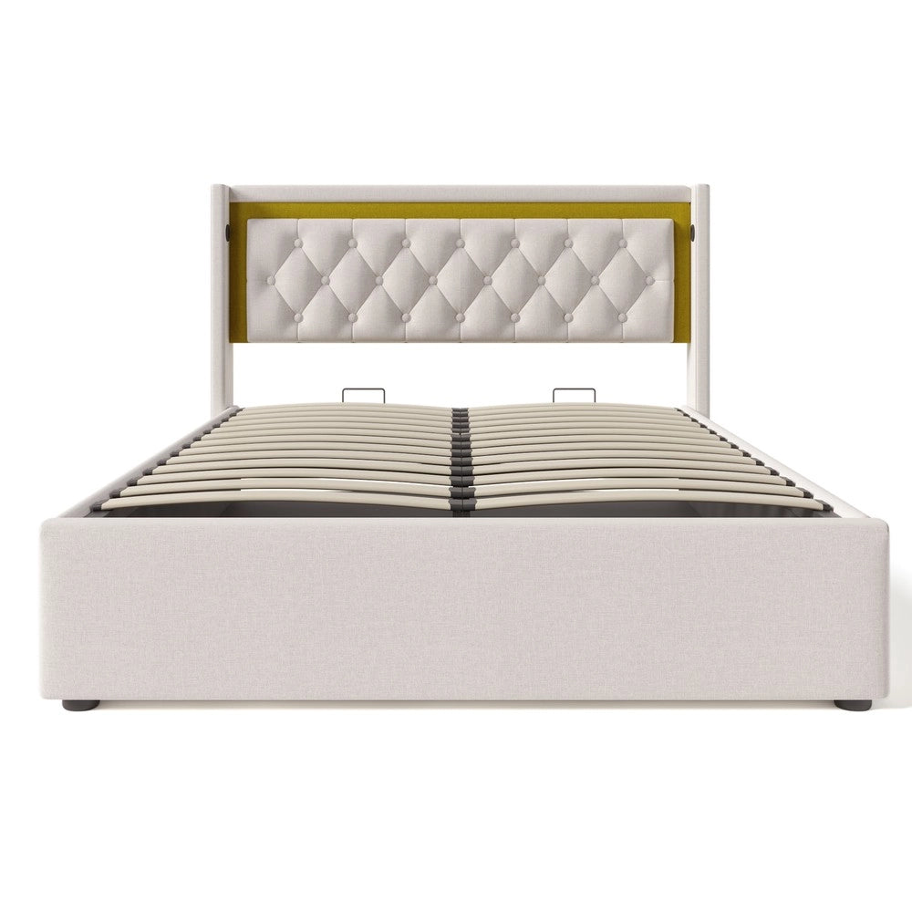 Letto Imbottito Contenitore LED con USB ¨C MINIMAL ¨C Tessuto, 140x200, con materasso