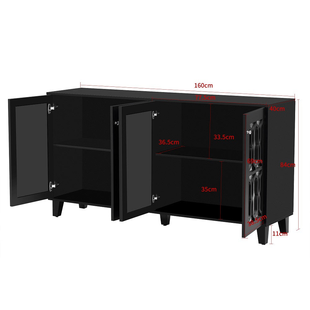 Buffet nero con specchio e maniglie in cristallo - Xylo - Quattro porte con laminato mobile