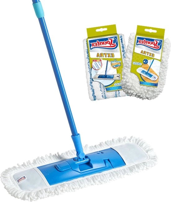 Microvezelmop extra platte per pulizia e lavaggio - Lunghezza regolabile 80-140 cm - Pulisce pavimenti in laminato e piastrelle - Incluso 2 accessori di allungamento