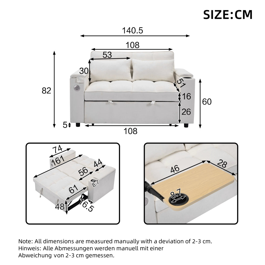 Divano letto convertibile con schienale regolabile porta USB tavolino nascosto e portabicchieri in tessuto beige