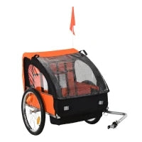 Rimorchio Bici Bambini con 2 Posti, 2 Cinture di Sicurezza, Telaio in Acciaio e Copertura in Tessuto Oxford Arancione