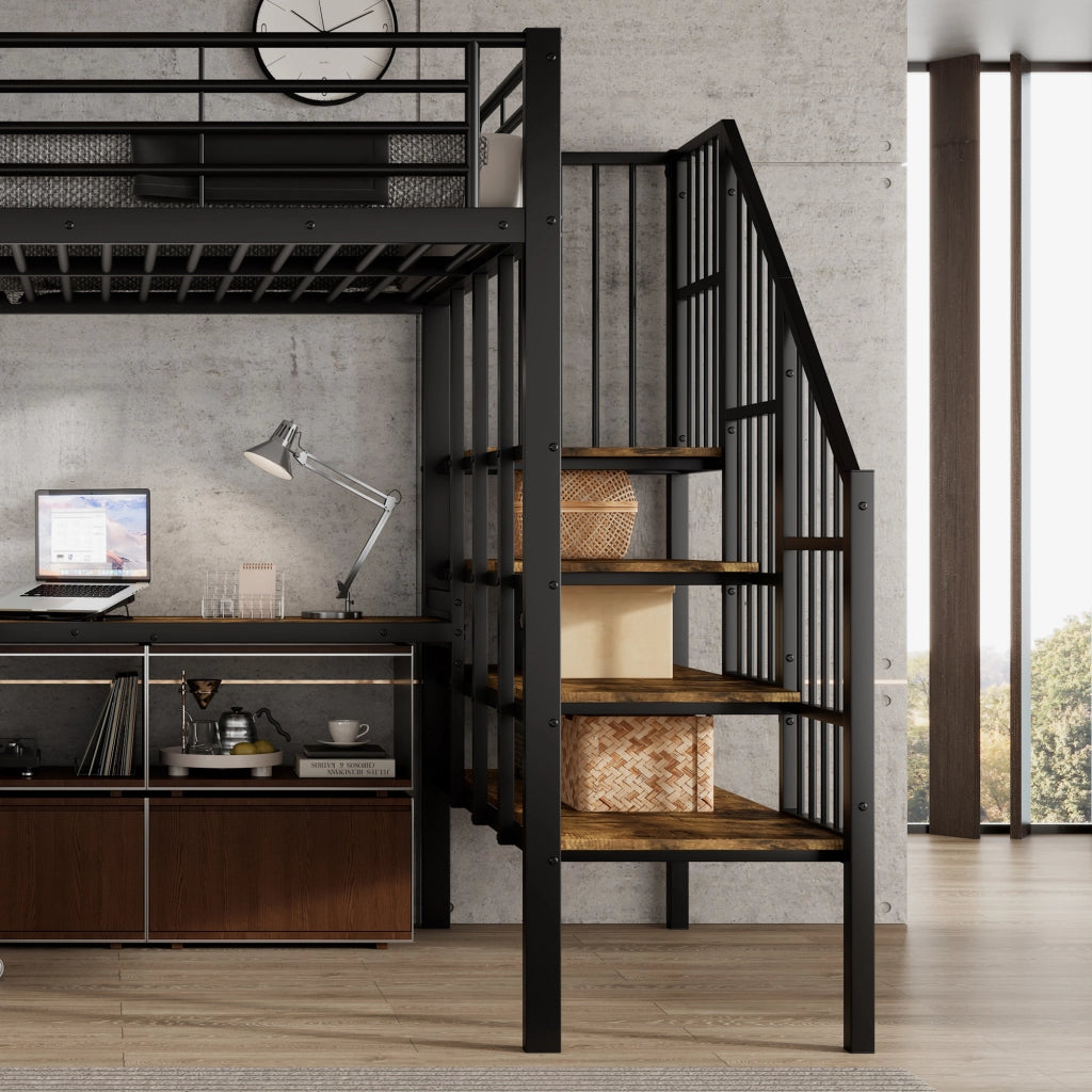 Letto a Soppalco 120x200 cm - Porta di Ricarica; Scala ad Angolo e Scrivania - Nero
