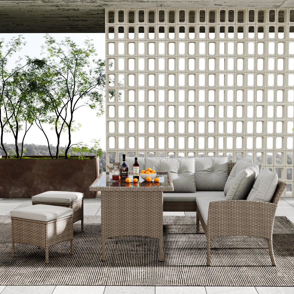 Set salotto polyrattan 7 persone: Divanooo + tavolo + sgabello + cuscini; tessuto lavabile; kaki