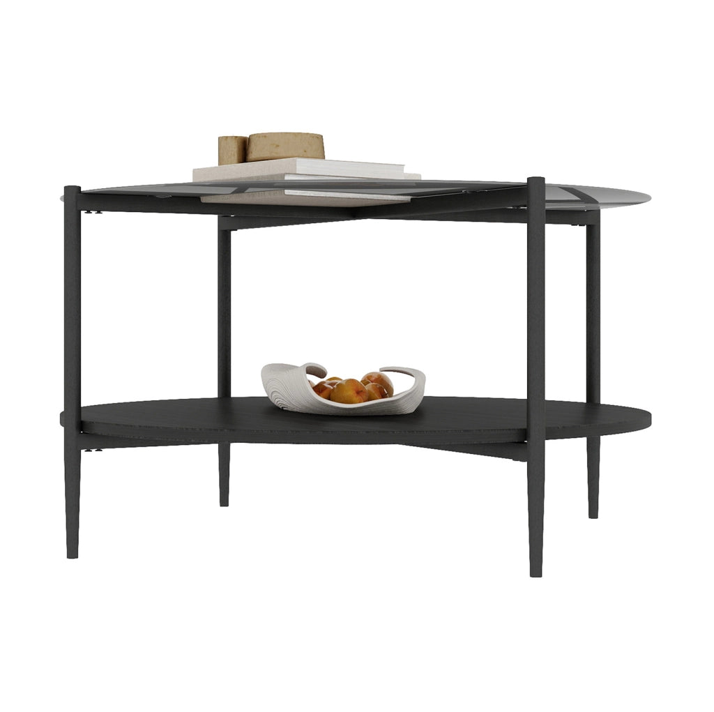 Tavolino da caffè rotondo 2 ripiani vetro nero Ø82 cm