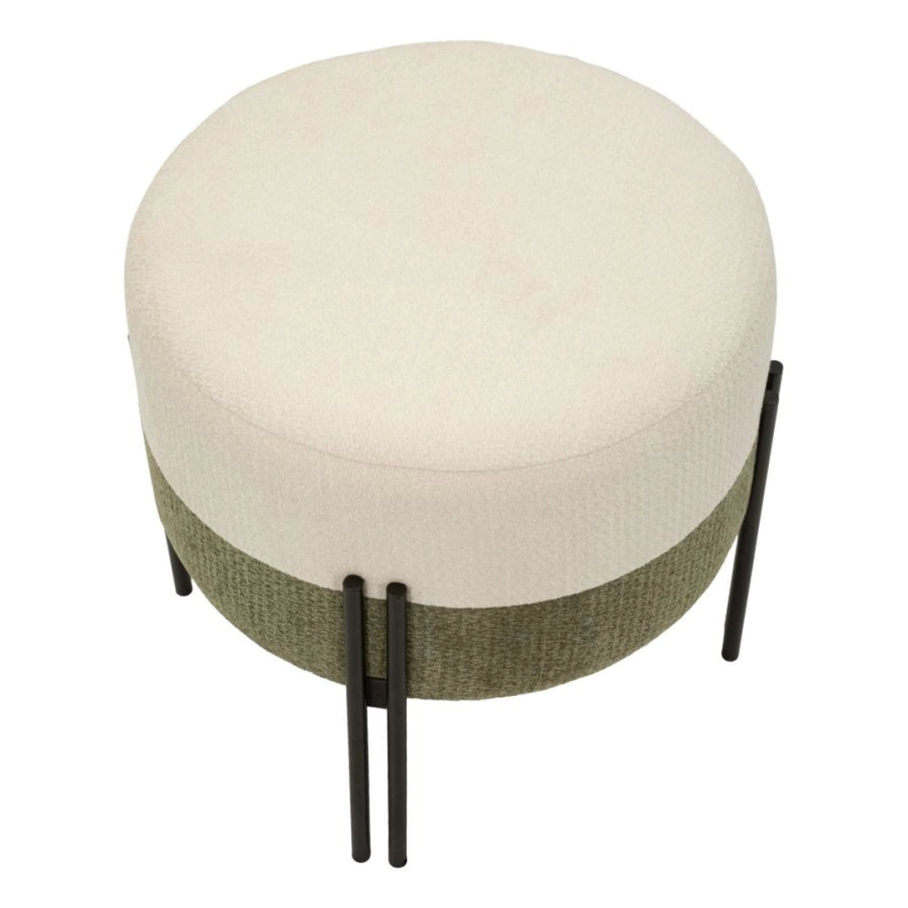 Pouf moderno bicolore crema e verde con struttura in ferro nero
