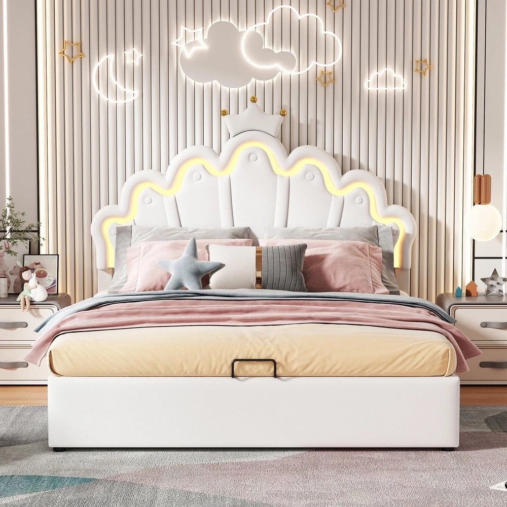 Letto Imbottito con Illuminazione LED e Corona ¨C MINIMAL ¨C Bianco 140x200