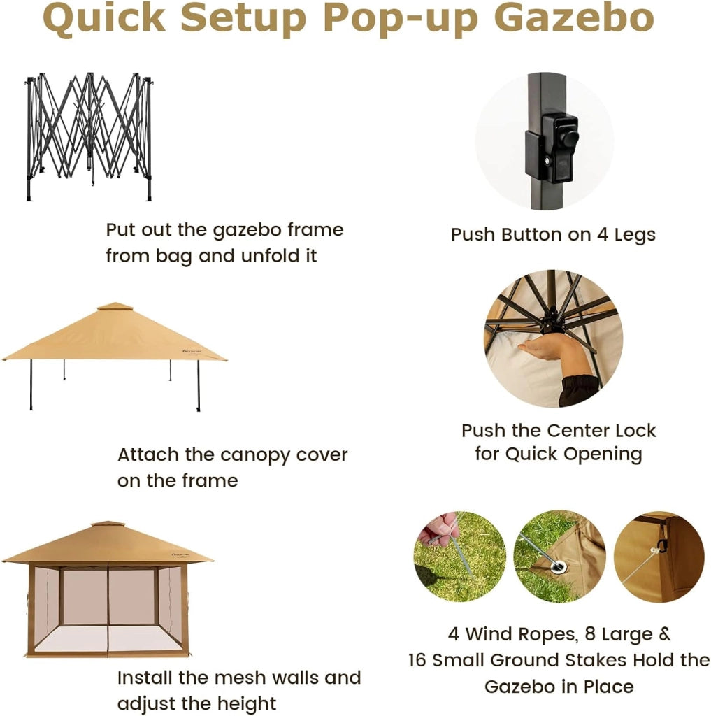 Gazebo da Giardino, 4 x 4 m, Regolabile in Altezza, Pieghevole, Terrazza, Spiaggia con Corsa per il Trasporto con Ruote, Marrone