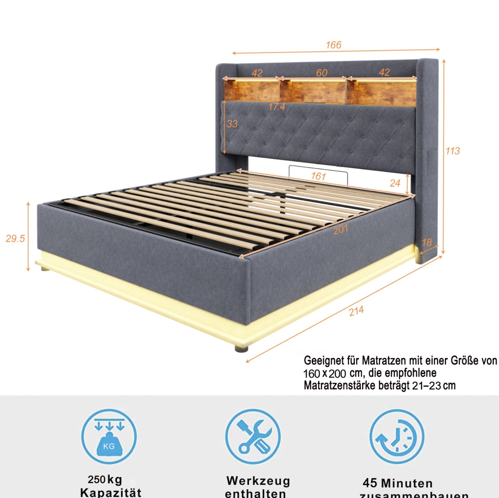 Letto imbottito LED 160x200 cm con USB e vano contenitore