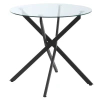 Tavolo Rotondo in Vetro e Gambe Incrociate in Metallo, Tavolino Moderno per Soggiorno e Studio, 80x80x75cm, Nero