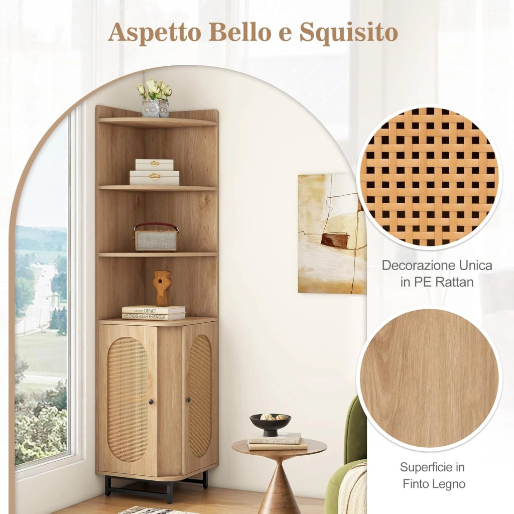 Armadietto in Legno ad Angolo Alto 172 cm con 4 Ripiani Aperti, Libreria Angolare con 2 Ante in Rattan PE e Ripiano Regolabile, Scaffale Mensola Salvaspazio per Soggiorno, Bagno e Cucina