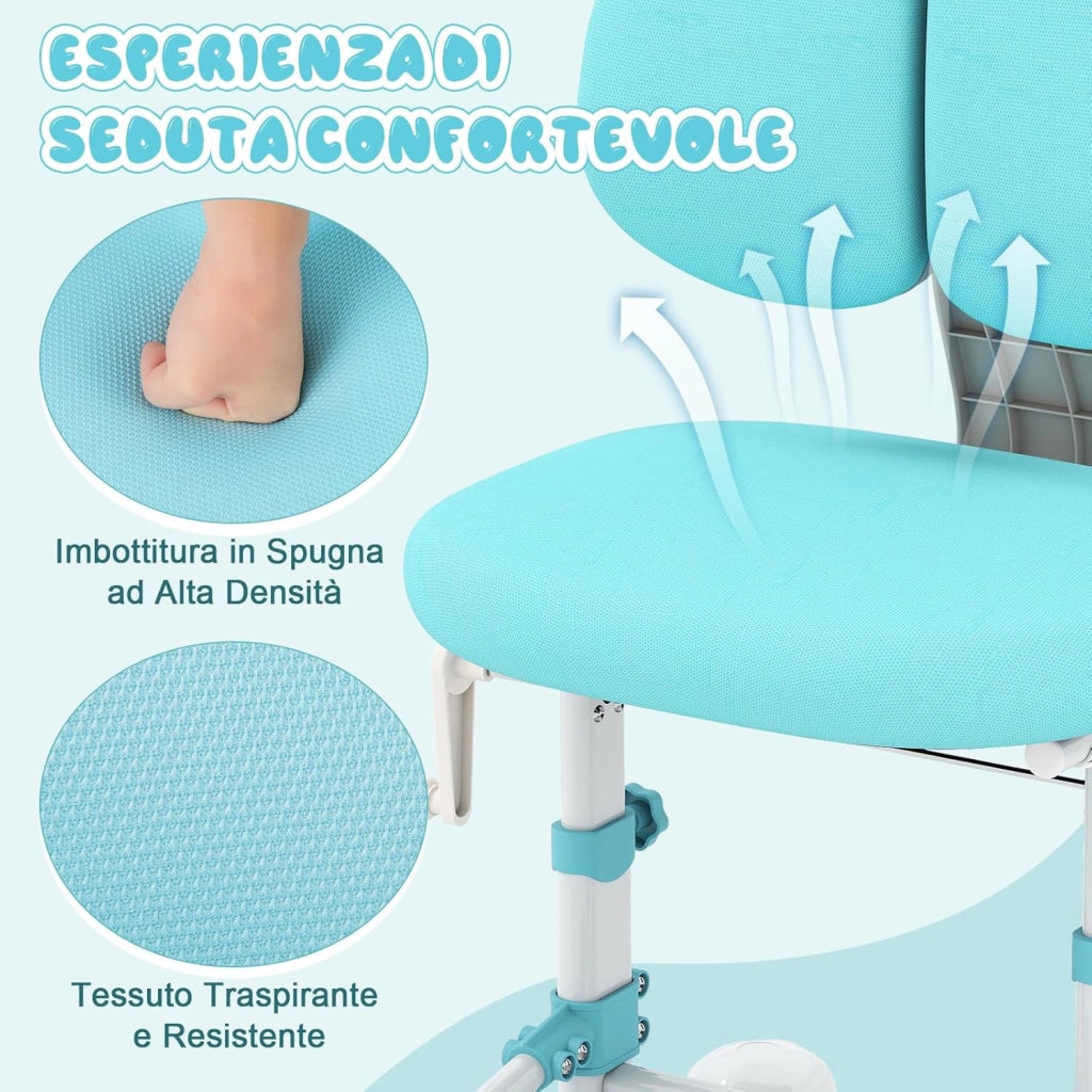 Sedia da Studio per Bambini, Poltrona Ergonomica da Scrivania con Schienale Doppio Regolabile e Poggiapiedi, Sedia Regolabile in Altezza Senza Braccioli per Bambini 3+ Anni (Blu)