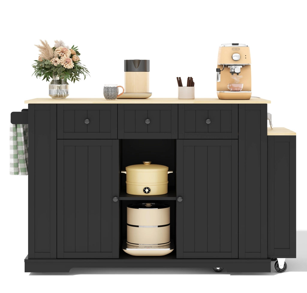 Isola cucina mobile con tavolo estraibile, prese AC e USB, 2 ante, 2 cassetti, 138(213)x55x93 cm
