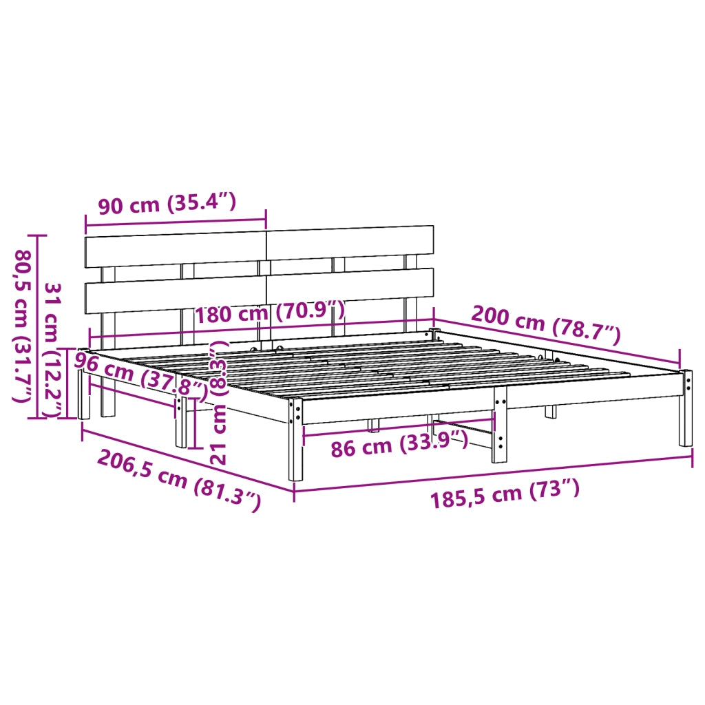 Struttura Letto con testiera Bianca 180x200 cm Legno Massello di Pino