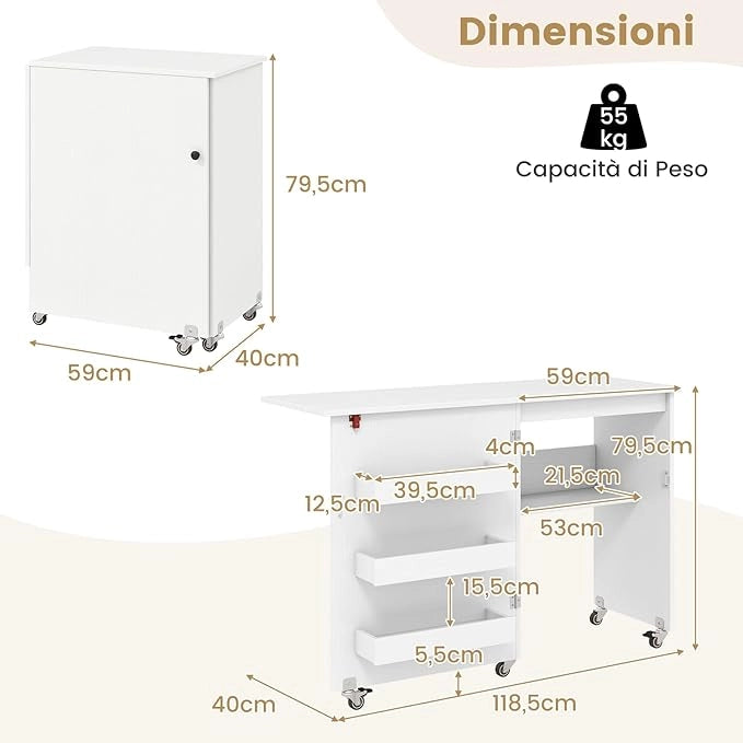 Tavolo da Cucito Pieghevole, Mobile per Macchina da Cucire con Ripiano Portaoggetti, 3 Scomparti Nascosti e Ruote Bloccabili, Mobile Multiuso per Piccoli Spazi (Bianco, 118,5 x 40 x 79,5 cm)