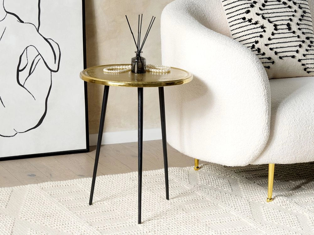 Tavolino d'oro e nero con piano in alluminio e ferro rotondo, ⌀ 43 cm decorato in stile retrò.