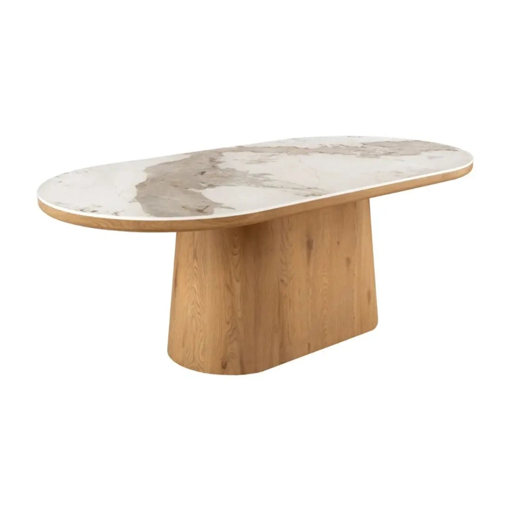 Tavolo da pranzo LUMEA – Ovale 200 cm – Effetto marmo bianco – Piede largo – Stile contemporaneo