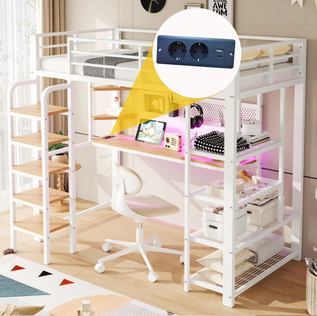 Letto a soppalco ULEVR 90x200 cm con scrivania, LED multicolore, prese integrate e ripiani, bianco