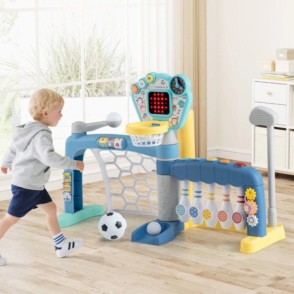 Giocattolo sportivo 5 in 1 per bambini con canestro da basket regolabile-Giocattolo sportivo per bambini con luci e suoni