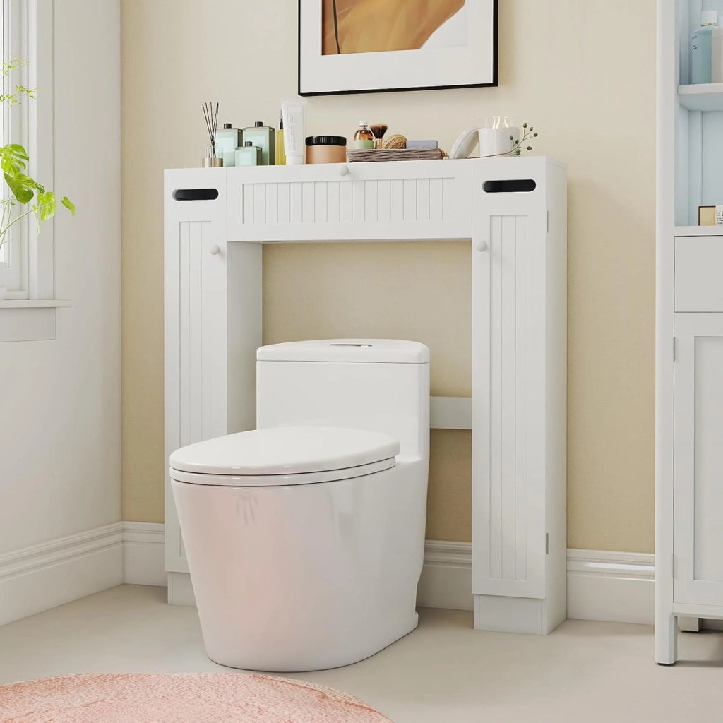 Mobile Sopra Lavatrice da Bagno, Armadietto su WC con Ripiani, Portarotoli, Porta con Apertura a Ribalta e Ripiani Regolabili, Mobile Salvaspazio in Legno con 2 Ante Laterali