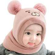 Bambino cappuccio da bivacco, cappello orso caldo e carino, cappello sciarpa, cappello intrecciato con pomponcini, imbottitura di pile, cappello senza bordo