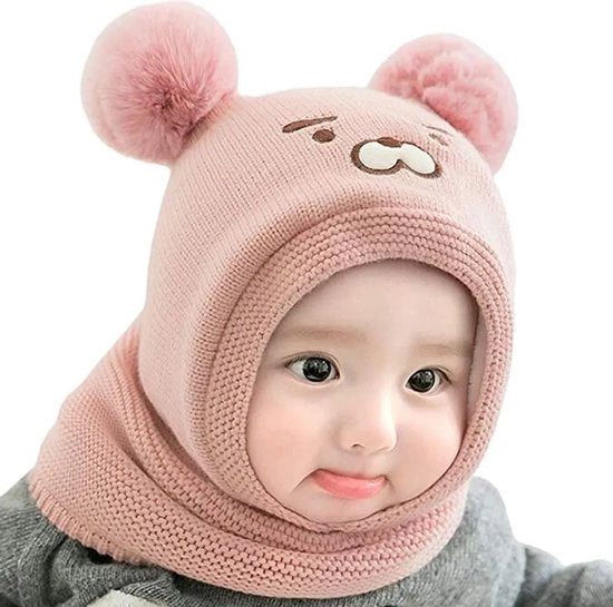Bambino cappuccio da bivacco, cappello orso caldo e carino, cappello sciarpa, cappello intrecciato con pomponcini, imbottitura di pile, cappello senza bordo