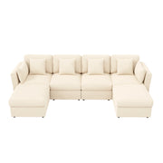 Divano angolare modulare 4-6 posti - con braccioli regolabili e pouf - velluto a coste beige