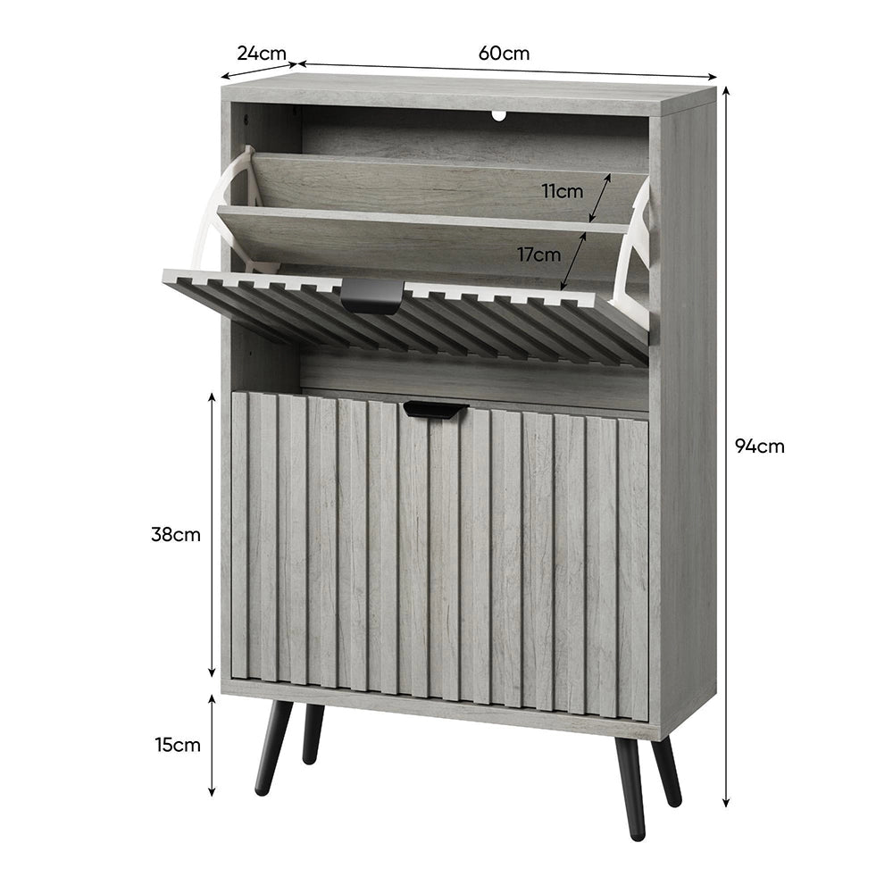 Scarpiera Nascosta 60cm - Xylo - Design a Coste Grigio con 2 Cassetti Ribaltabili