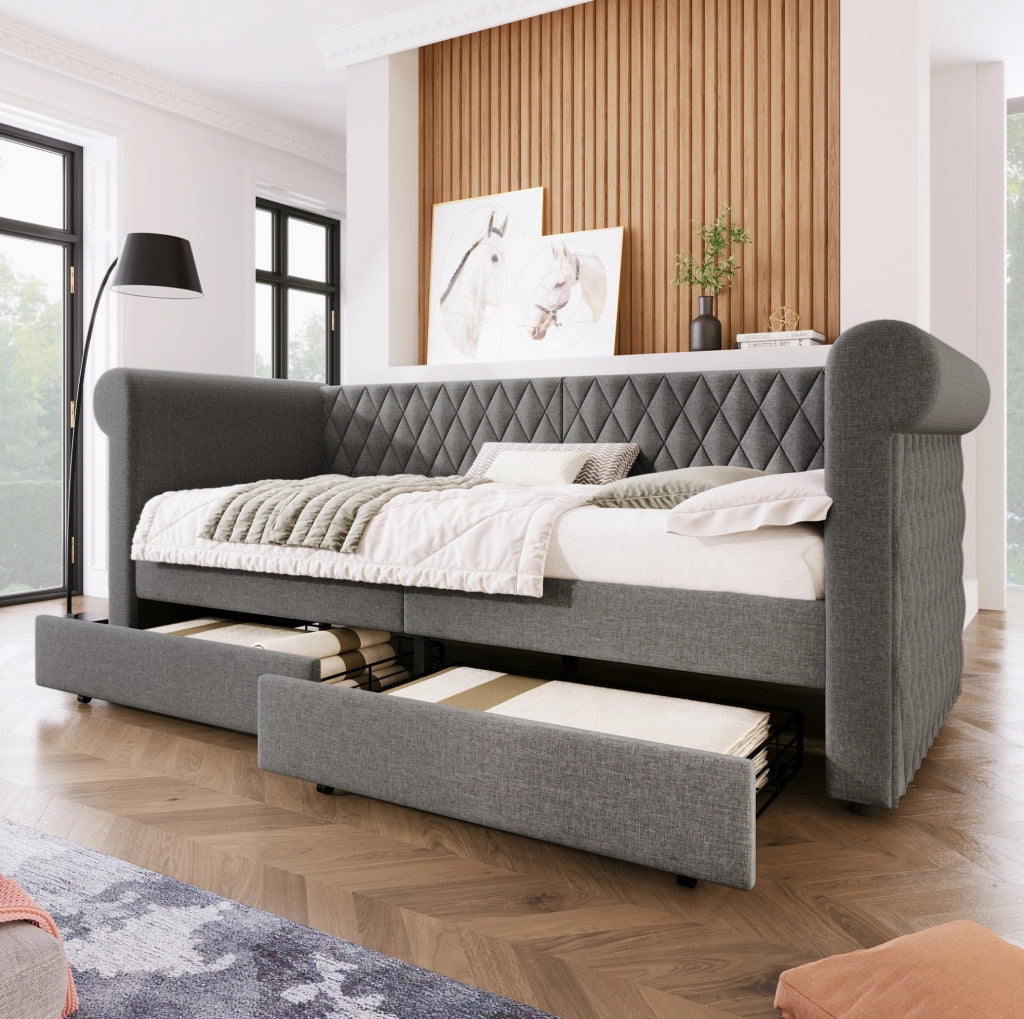 Divano letto daybed 90x200 cm in lino grigio con 2 cassetti; testiera vintage