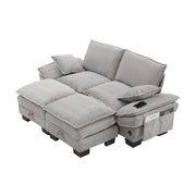 Divano modulare 2 posti in corduroy con pouf contenitore e USB-C - grigio chiaro