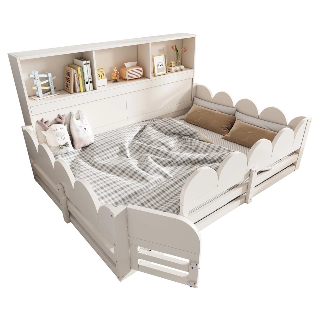 Letto a pavimento per bambini 140x190 cm bianco con barriera, porta e scaffale