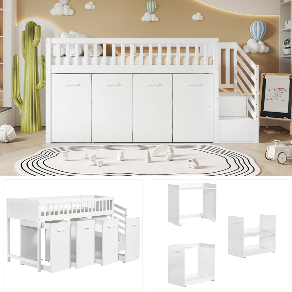 Letto a Castello 90x200 cm - con Scrivania Estraibile; Armadi e Armadietti - Bianco