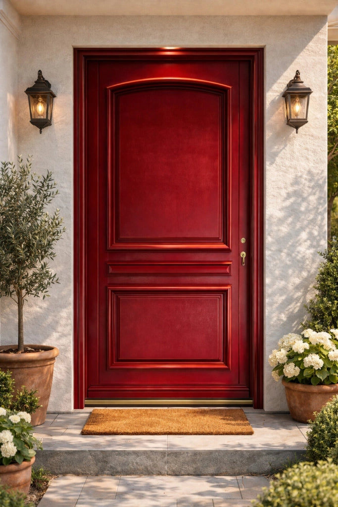 Porta d'ingresso in legno pieno, carene rosso RAL 3004, H,215xl,90 a spinta sinistra Cote Tableau senza maniglia