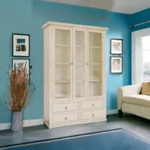 Vetrina cristalliera "larga" in legno Shabby chic avorio anticato