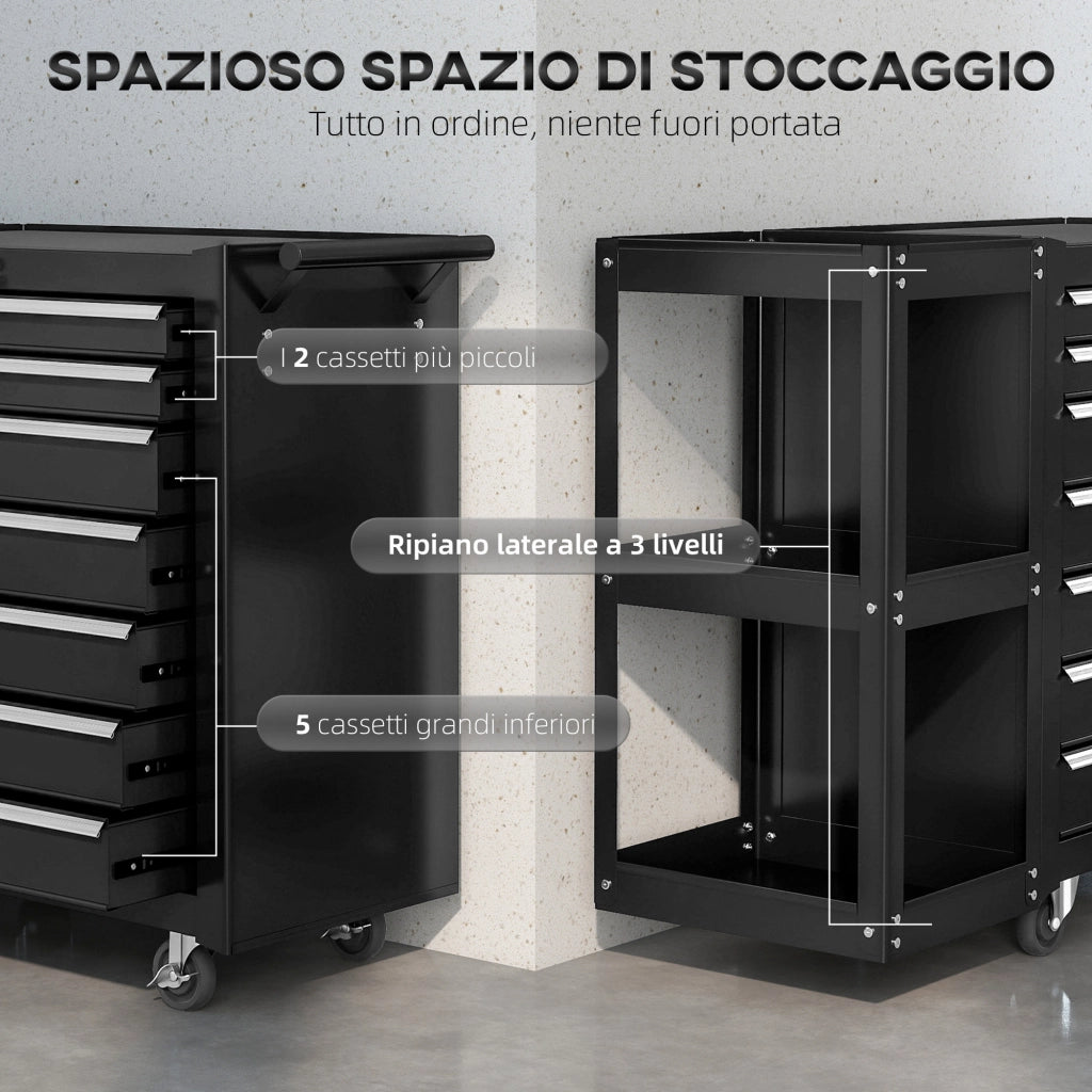 Carrello Portautensili 96x33,5x75 cm con 7 Cassetti Mensola Laterale Staccabile Ruote Capacità 120kg in Acciaio Nero