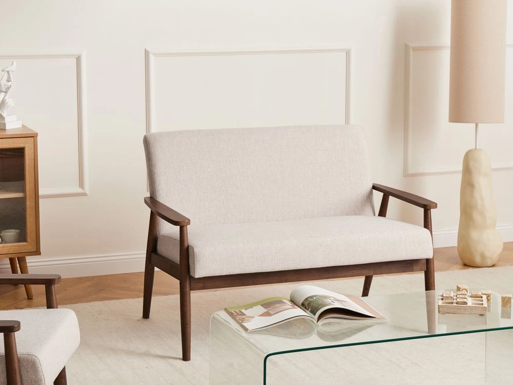 Divano da salotto a 2 posti in tessuto e struttura in legno beige e marrone scuro struttura in legno stile retrò